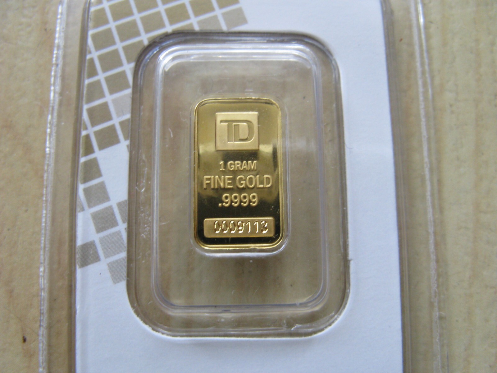 1 Gram Gold Bar TD Toronto Dominion Bank .9999 Gold 24 Karat Sealed Serial 09113