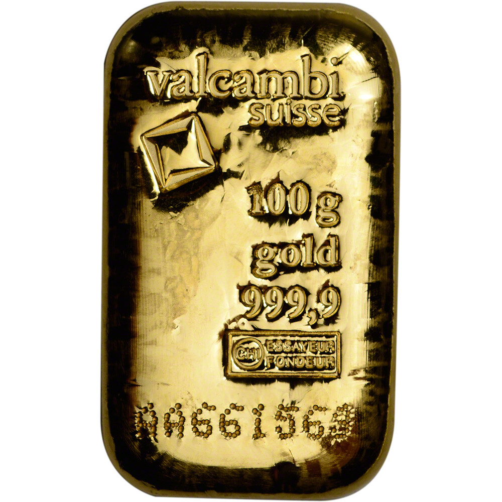 100 gram Gold Bar – Valcambi Suisse – Cast – 999.9 Fine with Assay Certificate