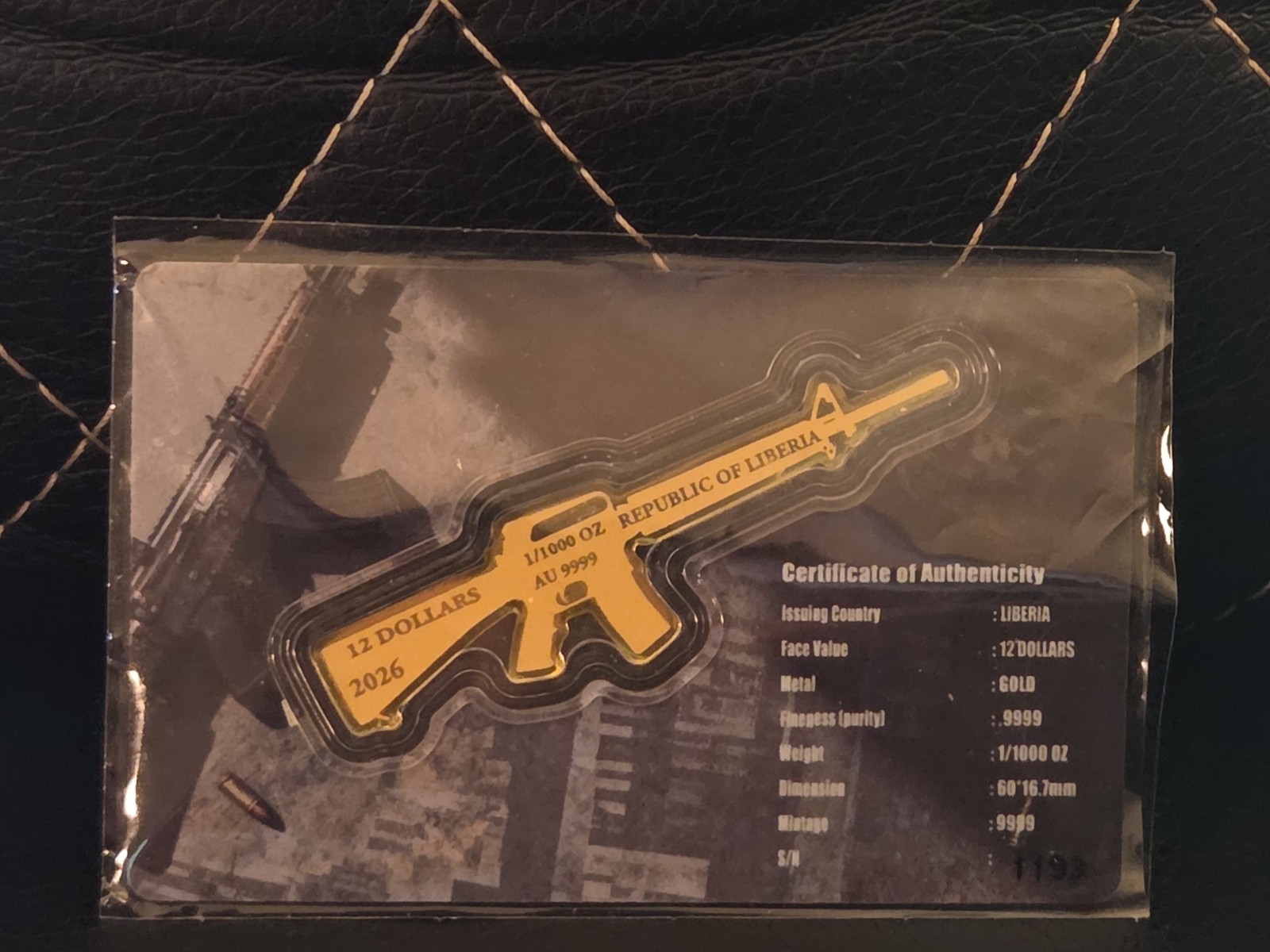 2026 Liberia $12 1/1000 oz .9999 Gold Gun-Shaped Bar with Certificate (COA)