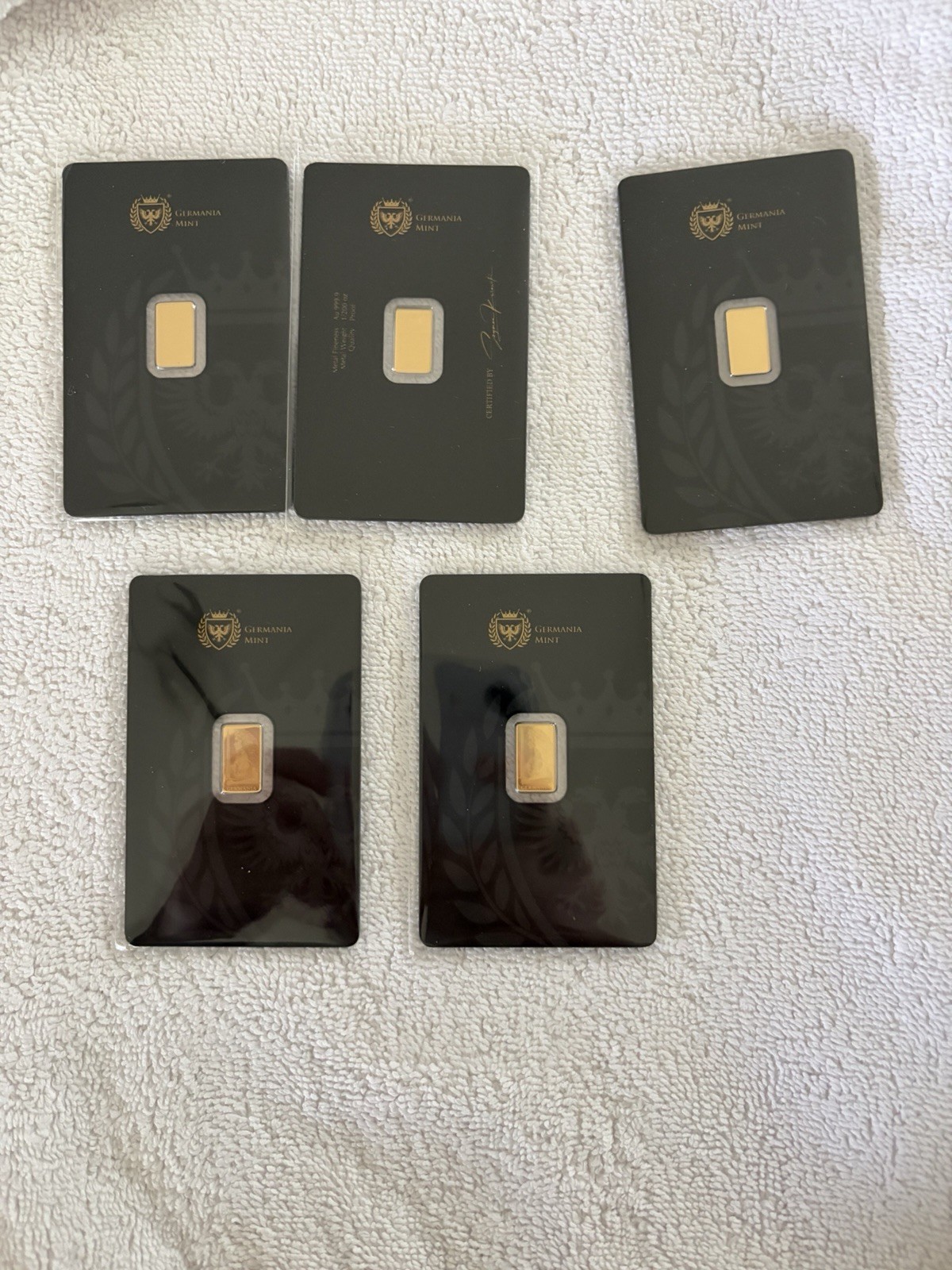 5x Germania Mint Au 999.9 Fine Gold Bar 1/200 Sealed Assay Card Lot of 5