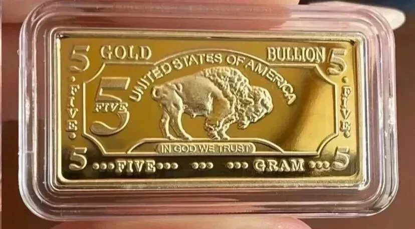 AMERICAN BUFFALO INGOT 5 GRAMS 100 MILLS GOLD PLATED FINE GOLD 999/1000