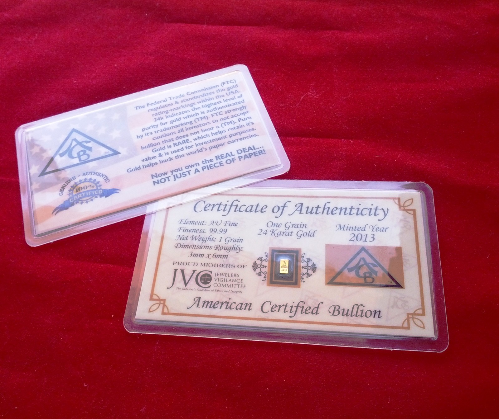 x5 ACB 24K GOLD Vertical 1GRAIN SOLID BULLION BAR 9999 FINE W/CERTIFICATE !$