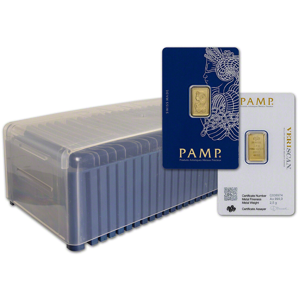 2.5 gram Gold Bar – PAMP Suisse – Fortuna – 999.9 Fine Box of 25