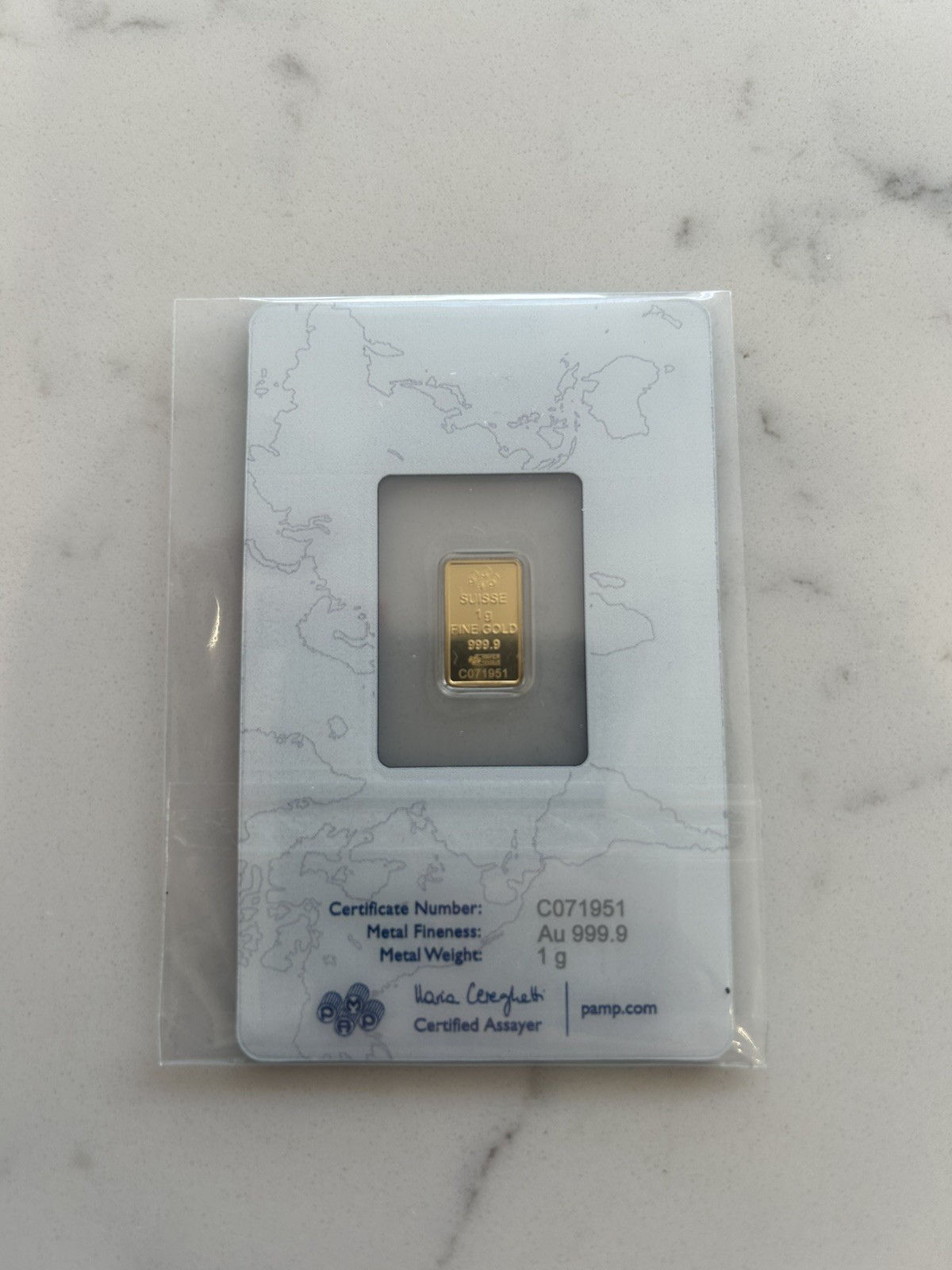 PAMP Suisse 1g Gold Bar Au 999.9 in Assay Card Certificate No. 71951