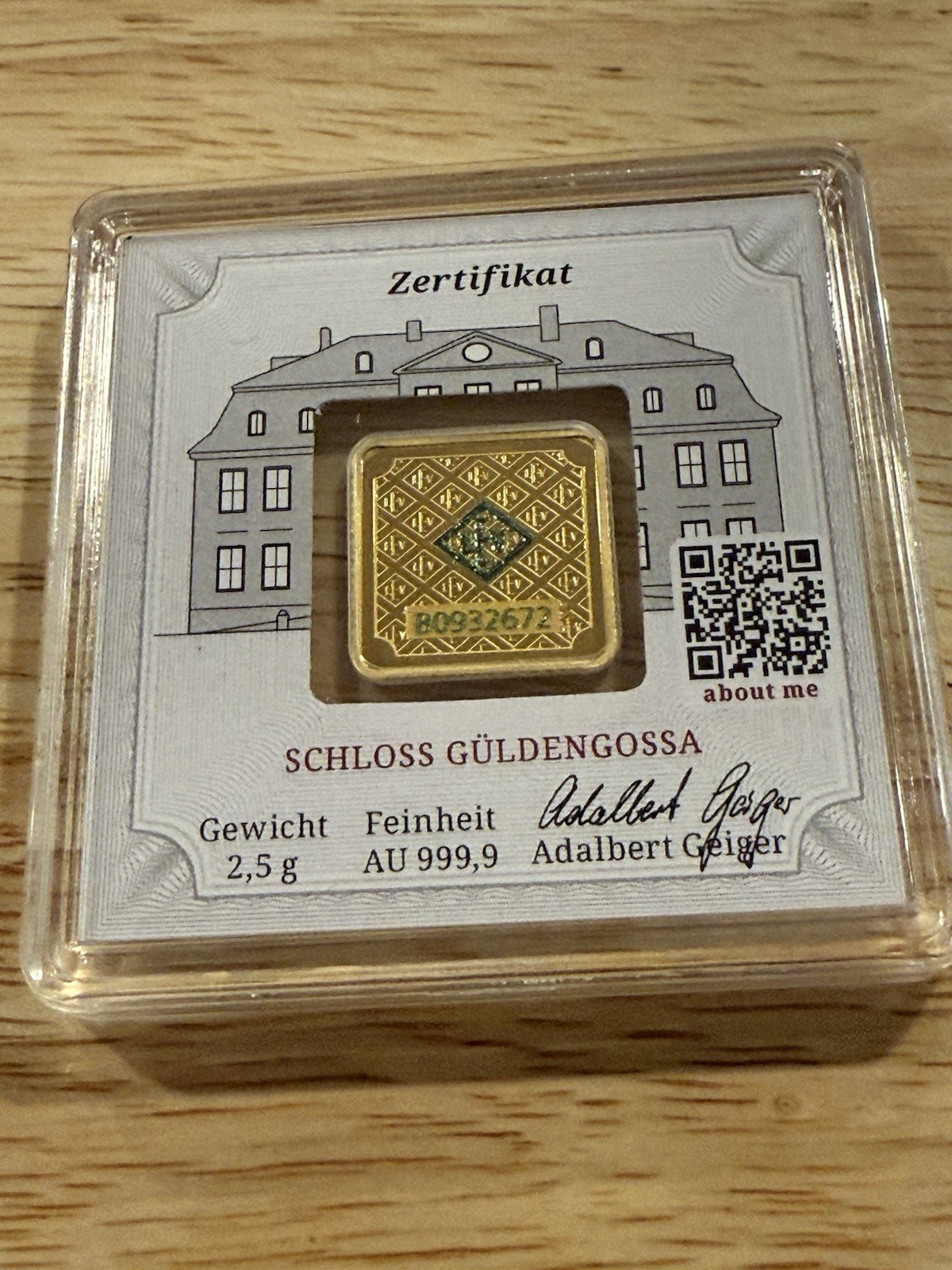Geiger Edelmetalle 2.5g Gold Premium Square Bar .9999 Fine Assay In Capsule New