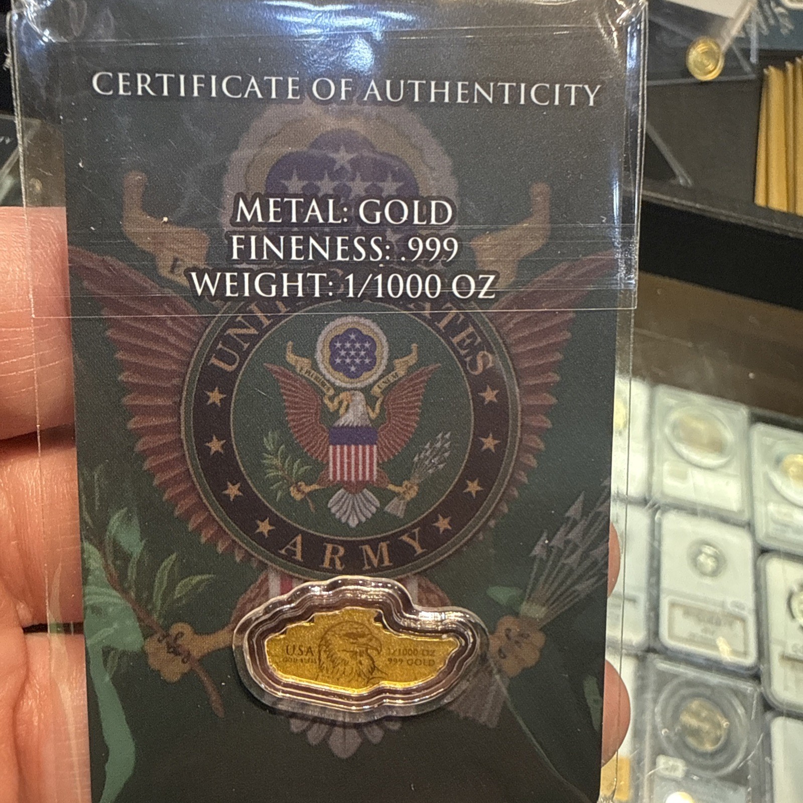 1/1000 oz .999 Gold USA ARMY Eagle & Tank