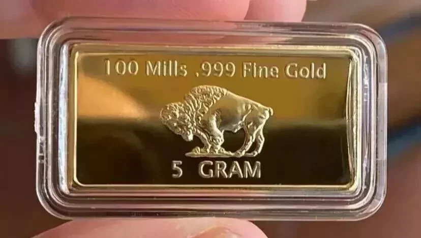 AMERICAN BUFFALO INGOT 5 GRAMS 100 MILLS GOLD PLATED FINE GOLD 999/1000