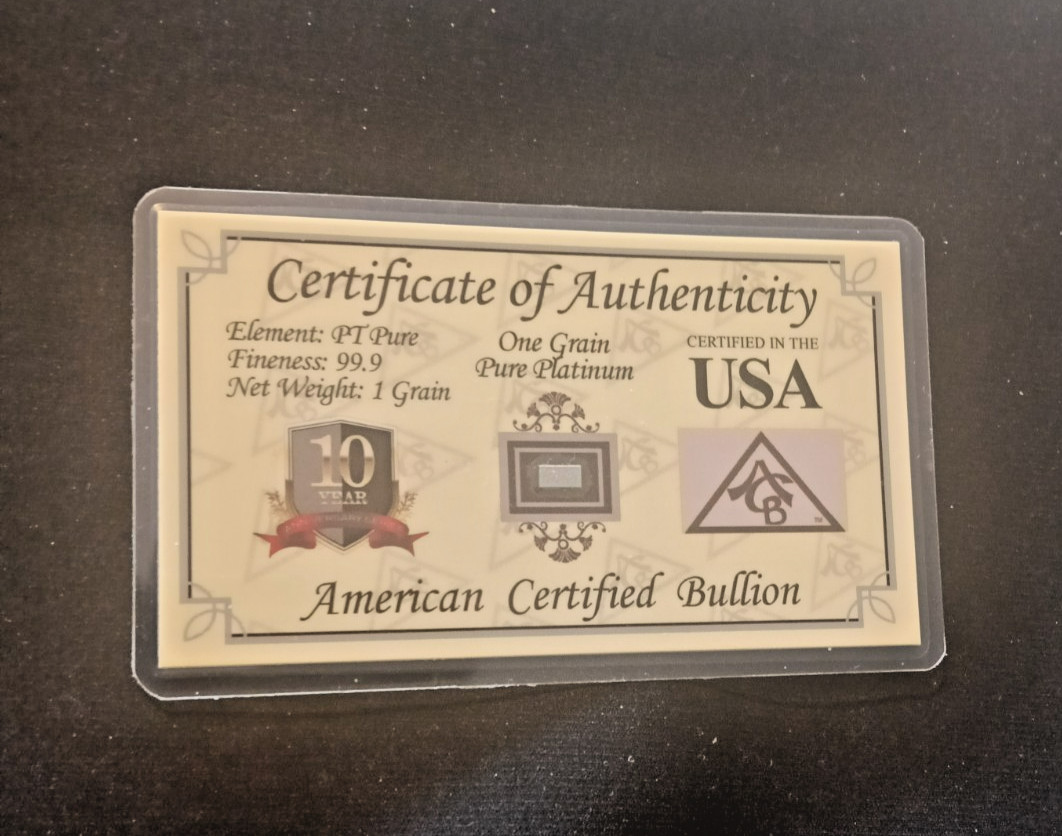 0.067 GRAMS PURE PLATINUM BAR WITH C.O.A. DIRECT FROM USA MINT