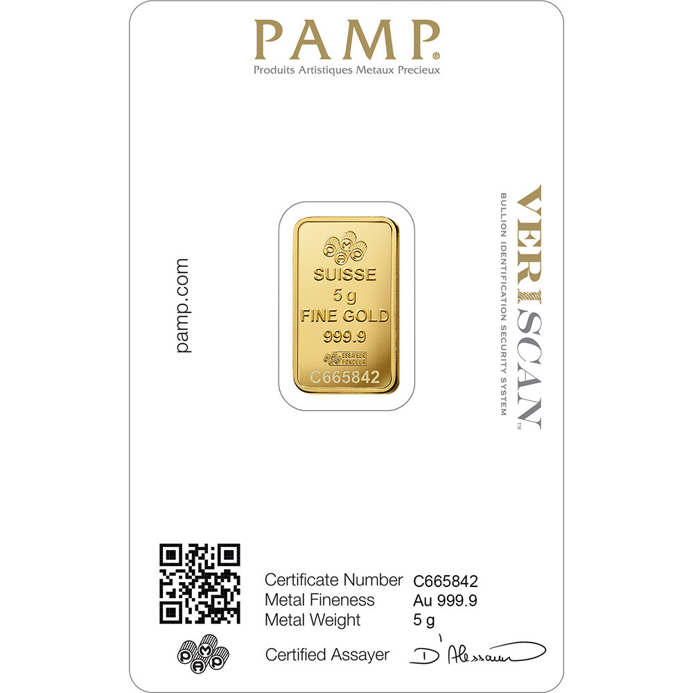 5 gram Gold Bar – PAMP Suisse – Fortuna – 999.9 Fine in Sealed Assay