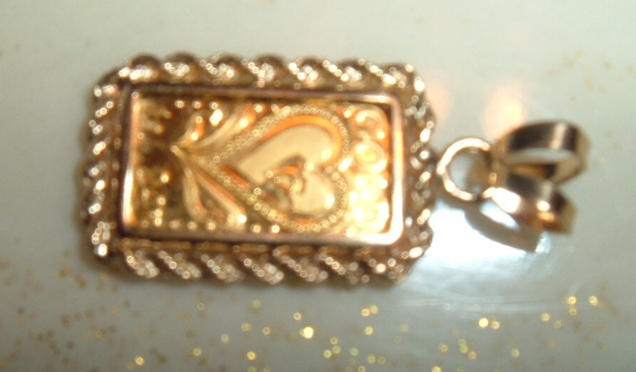 1 GRAM 24K .9999 FINE GOLD HEART BAR 14 KT ROPE BEZEL 4MM BAIL PENDANT 2.29g