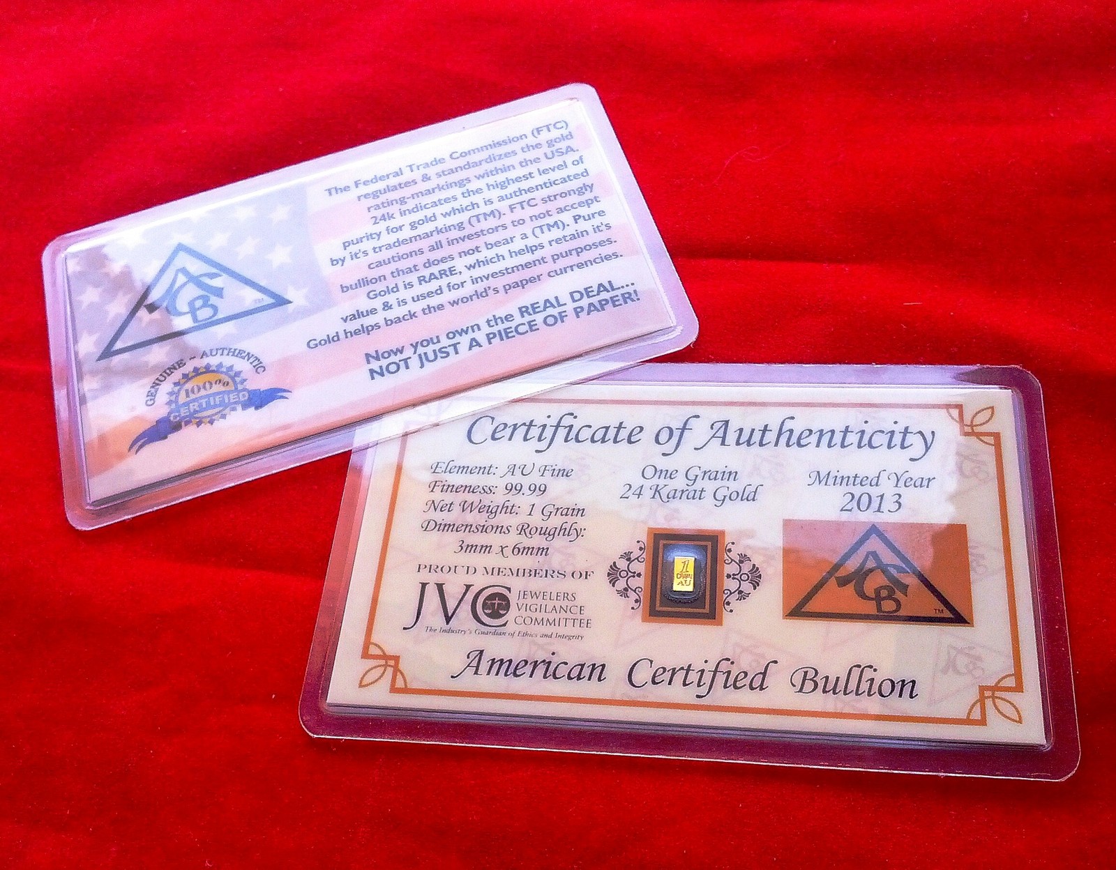 x5 ACB 24K GOLD Vertical 1GRAIN SOLID BULLION BAR 9999 FINE W/CERTIFICATE !$