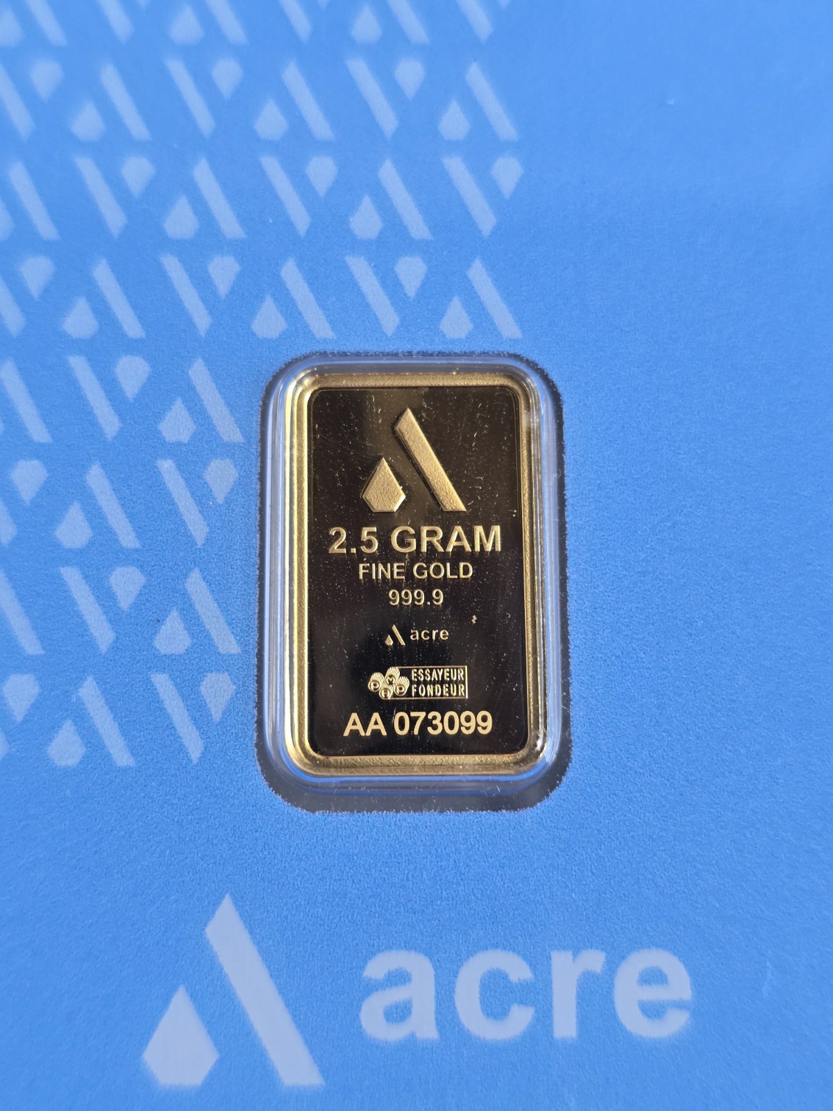 2.5 Gram .999 Fine Gold Acre Bar Assay Original, Sealed Clean
