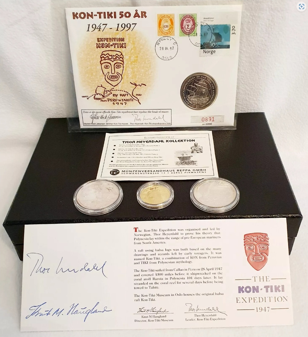 Thor Heyerdahl Autograph Gold 100 Tala Ra 2 and 2 silver Kon-Tiki and Ra 2 RARE!