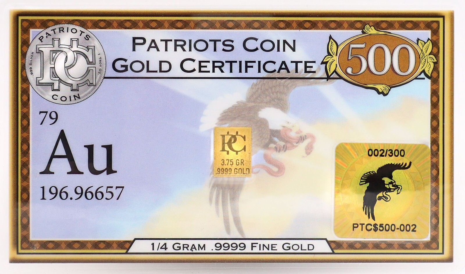 Gold Certificate .25 Gram Gold Bar Only 300 Made .9999 Gold Patriotic Au