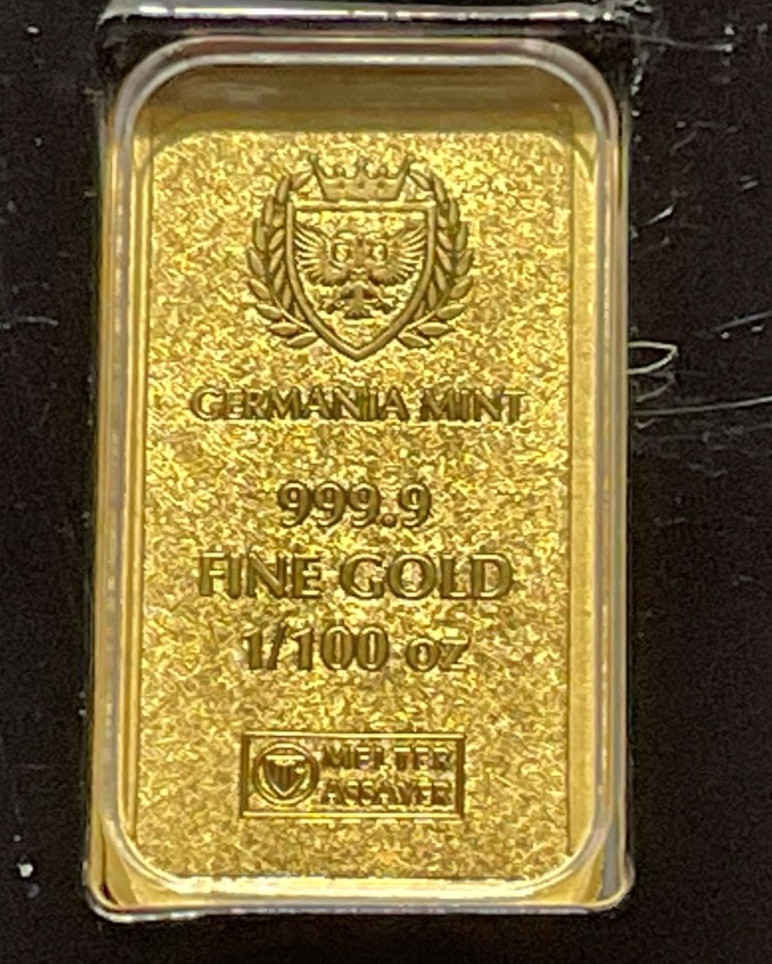 Germania Mint 1/100 oz Gold Bar in Plastic Capsule