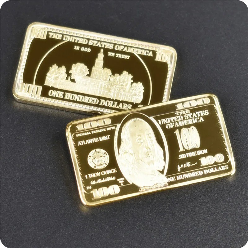 1pc USA 100 Dollar Bullion 24k Gold Bar American Metal Coin Golden USD With Gif