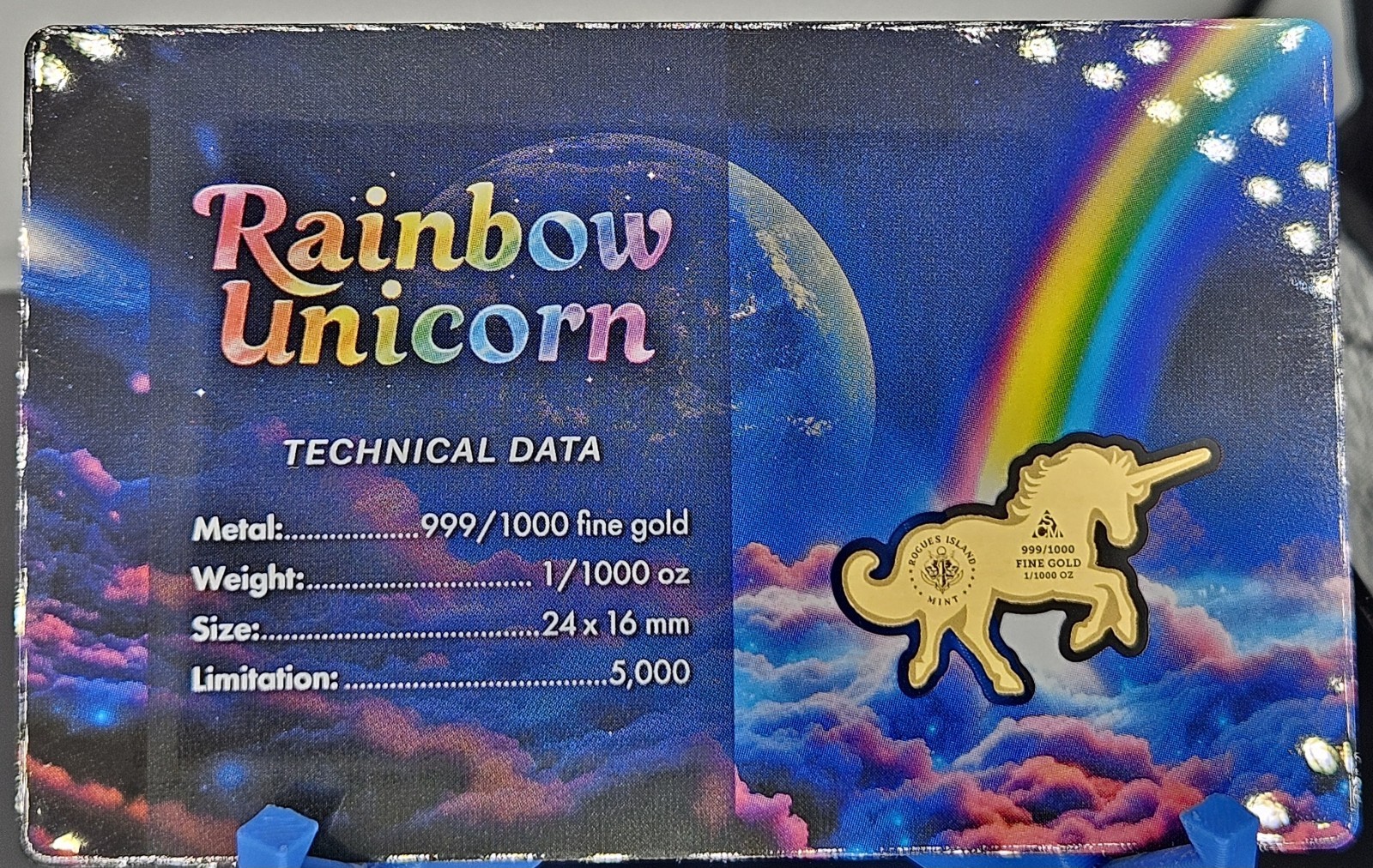Rogues Island Mint Rainbow Unicorn Shaped 1/1000 oz Gold in Card Mintage 5,000