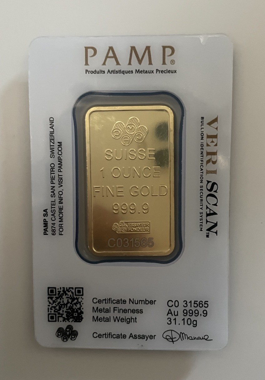 1 oz Gold Bar PAMP Suisse Lady Fortuna Veriscan (In Assay) .9999 Fine