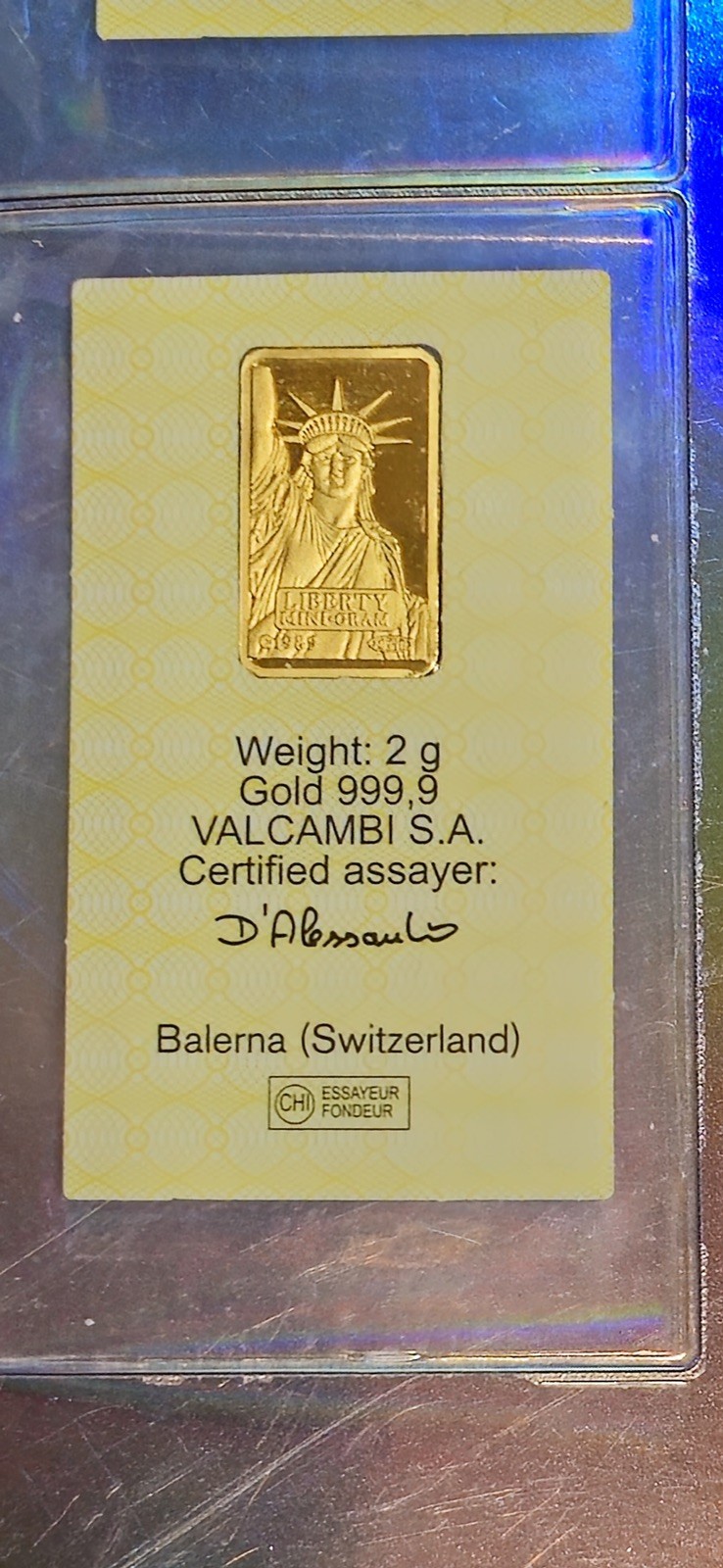 2 Gram Credit Suisse Gold Bar Certified 999.9 Valcambi W/Assay Card