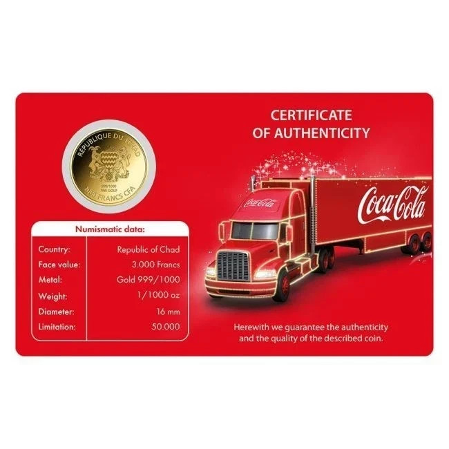 Coca-Cola Truck Coin 1/1000 oz 999 Fine Gold in Card Chad 3000 CFA Francs