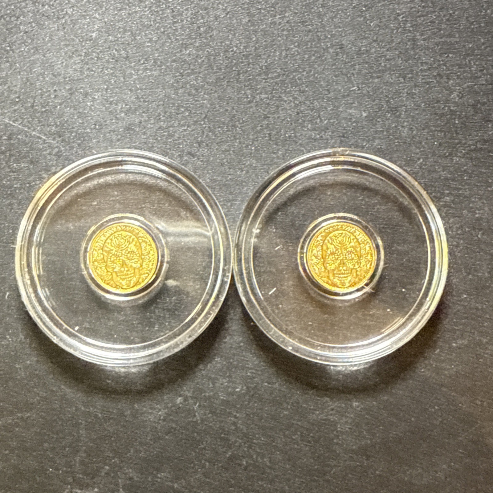 Lot Of 2- 1/200th oz .9999 Fine Gold Skull Dia De Los Muertos Fractional Gold