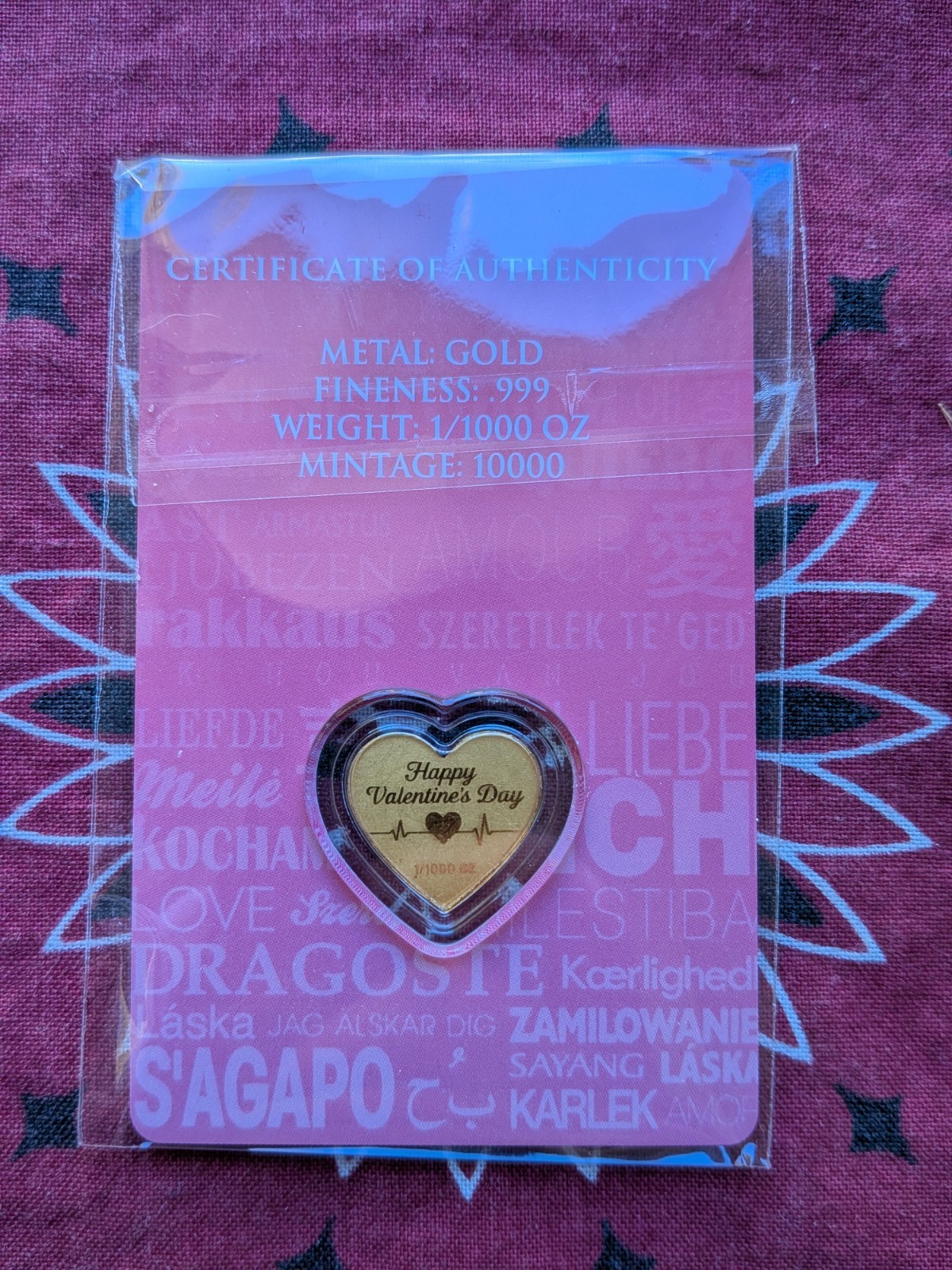 Happy Valentine’s Day 1/1000 oz Heart Shaped Gold in Card (5,000 Mintage)