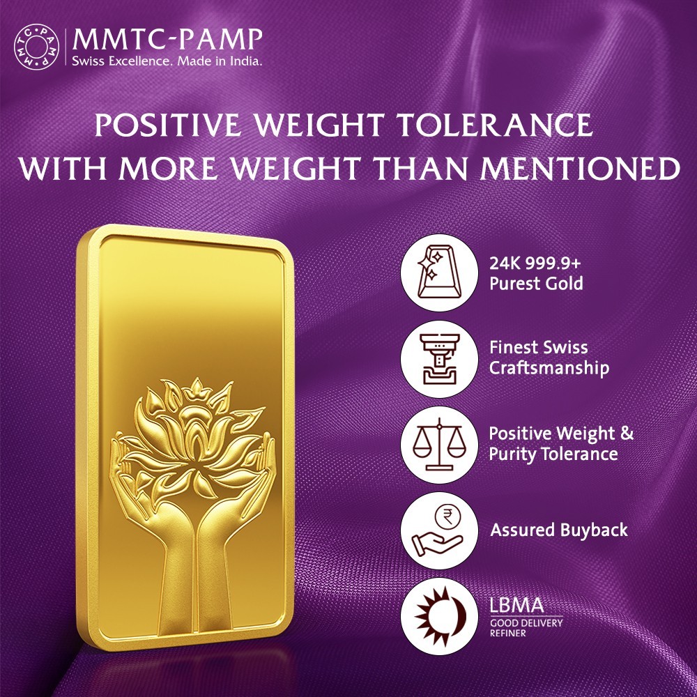 24K (999.9+) Purest 1 g Lotus Gold Bar By MMTC PAMP.