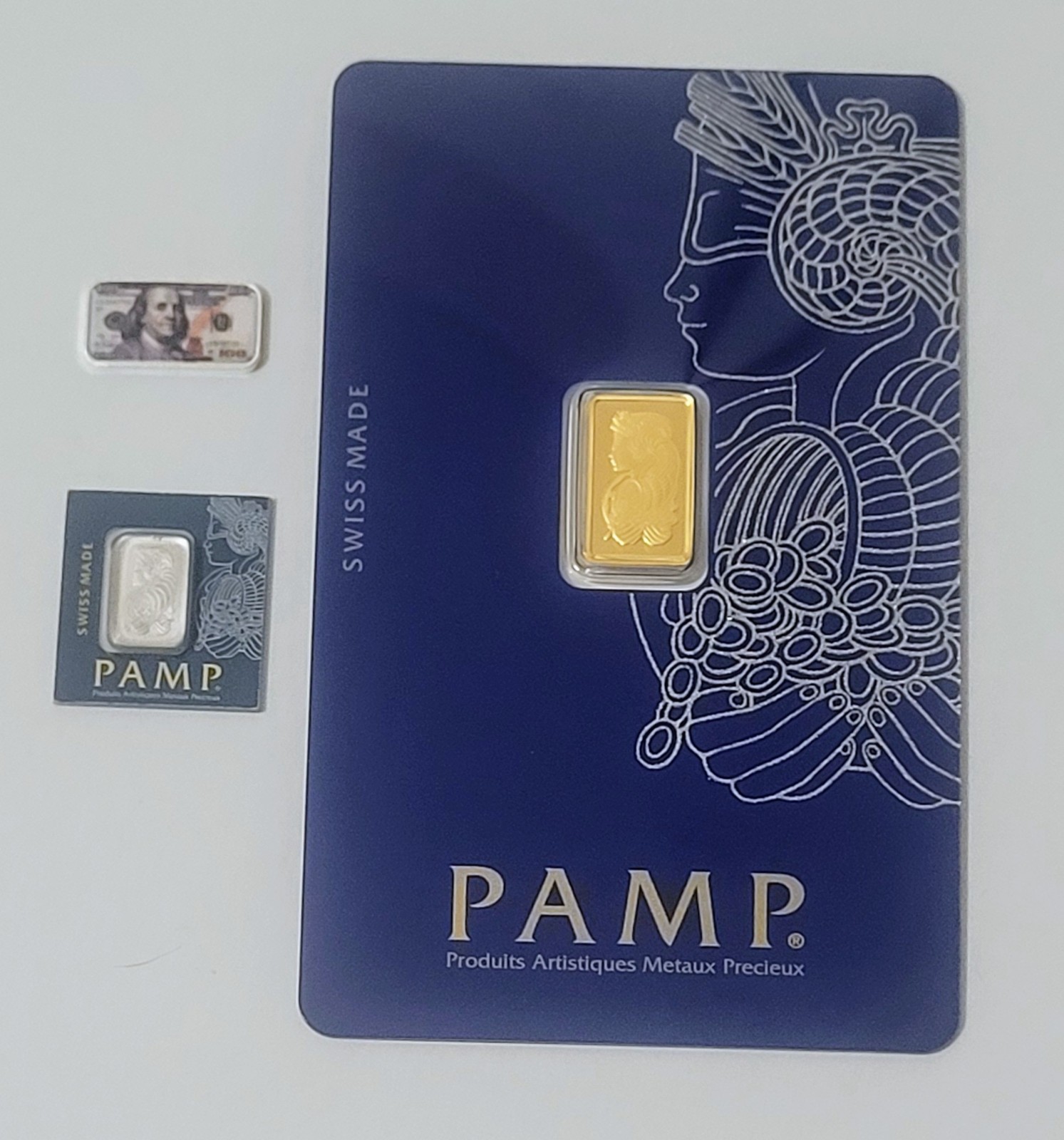 1 Gram Pamp Suisse Gold, 1 Gram P S Platinum, 1 Gram Colorized $100 Silver