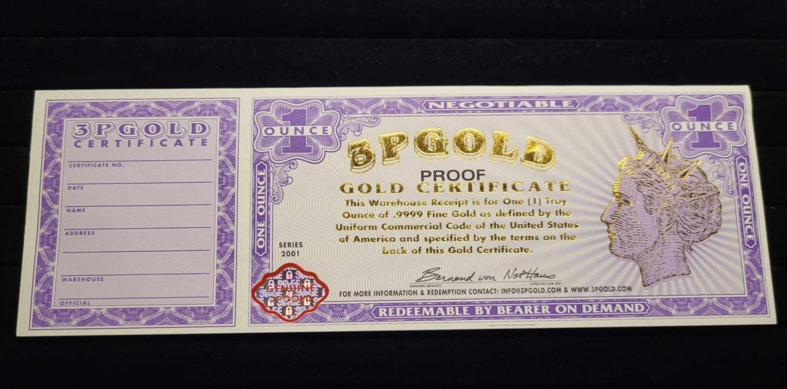 Rare 2001 Series 3pGold Norfed 1 Ounce Gold Certificate Raw