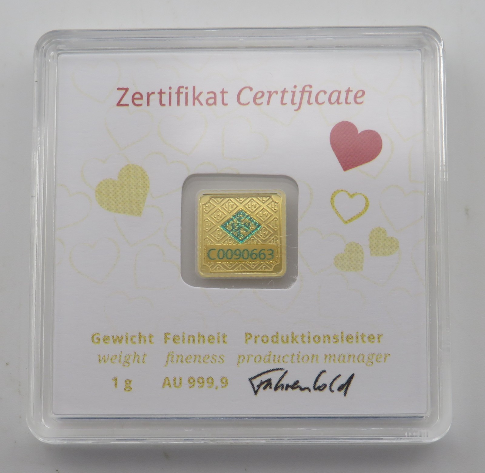 1 Gram 24K Gold Geiger Hearts 999.9 Certified Assay Square Bar C0090663
