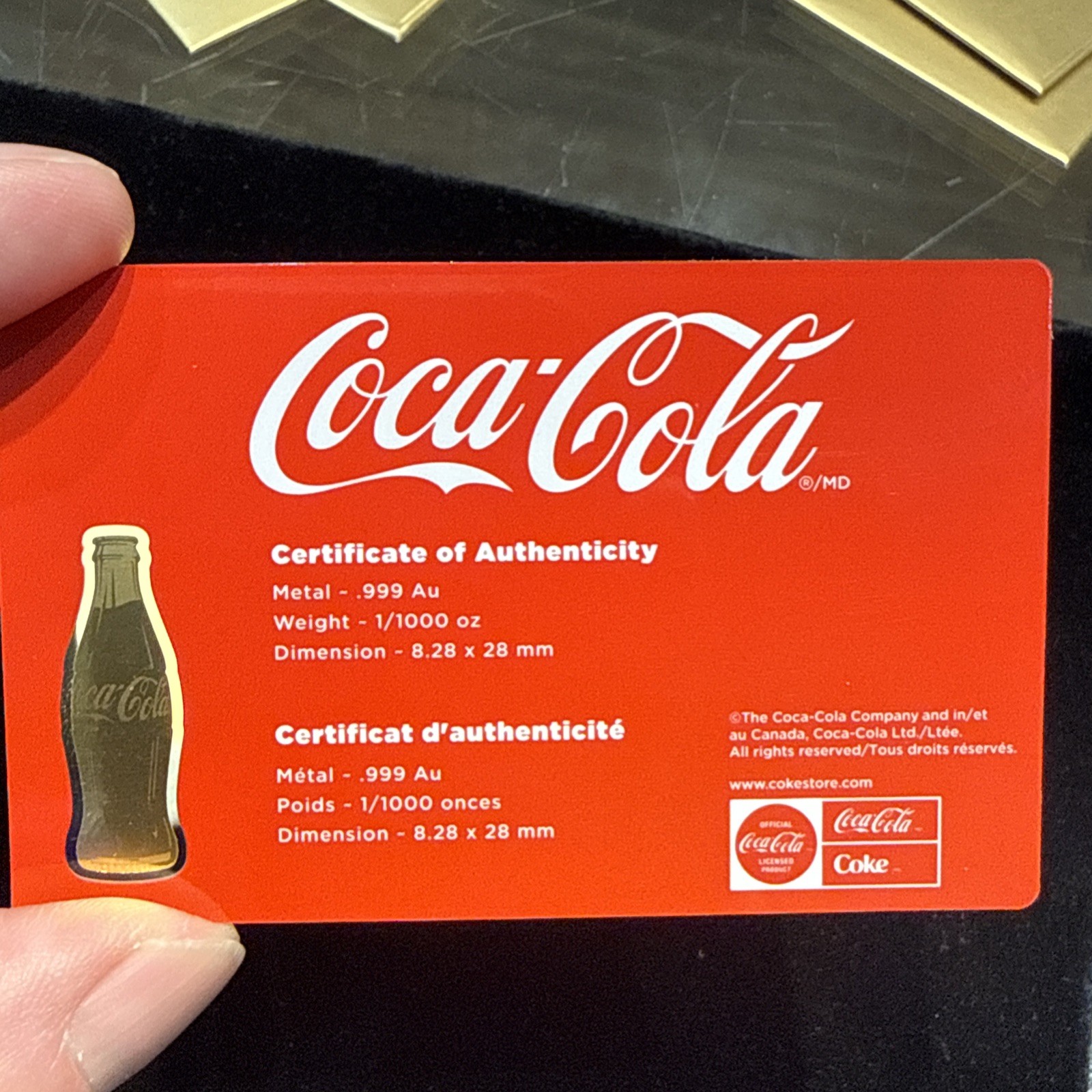 1/1000TH OZ GOLD CON CARD COCA COLA ICONIC BOTTLES