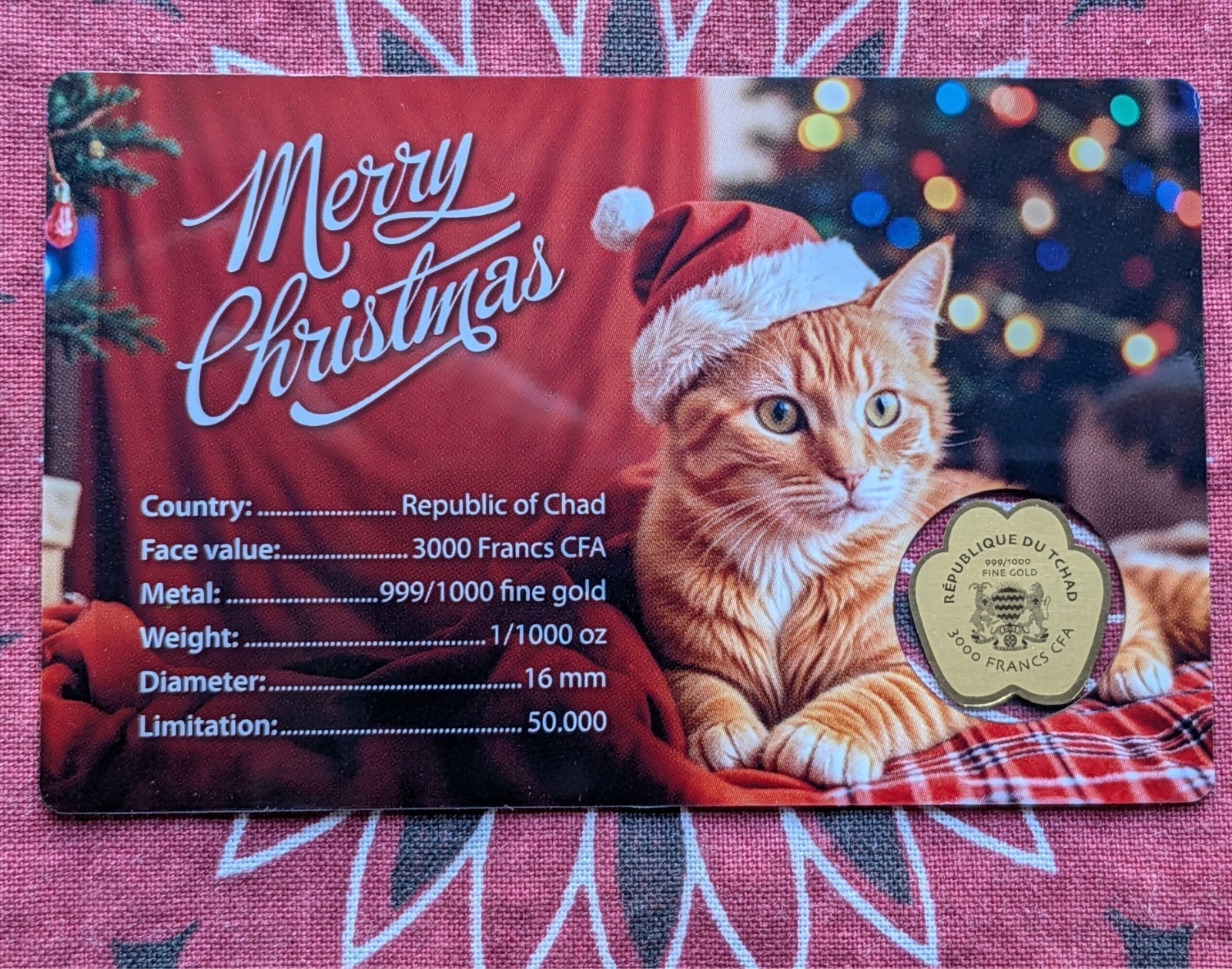 Chad Cat Paw Christmas Xmas 1/1000 Oz .999 Gold Coin in card 50k Mintage
