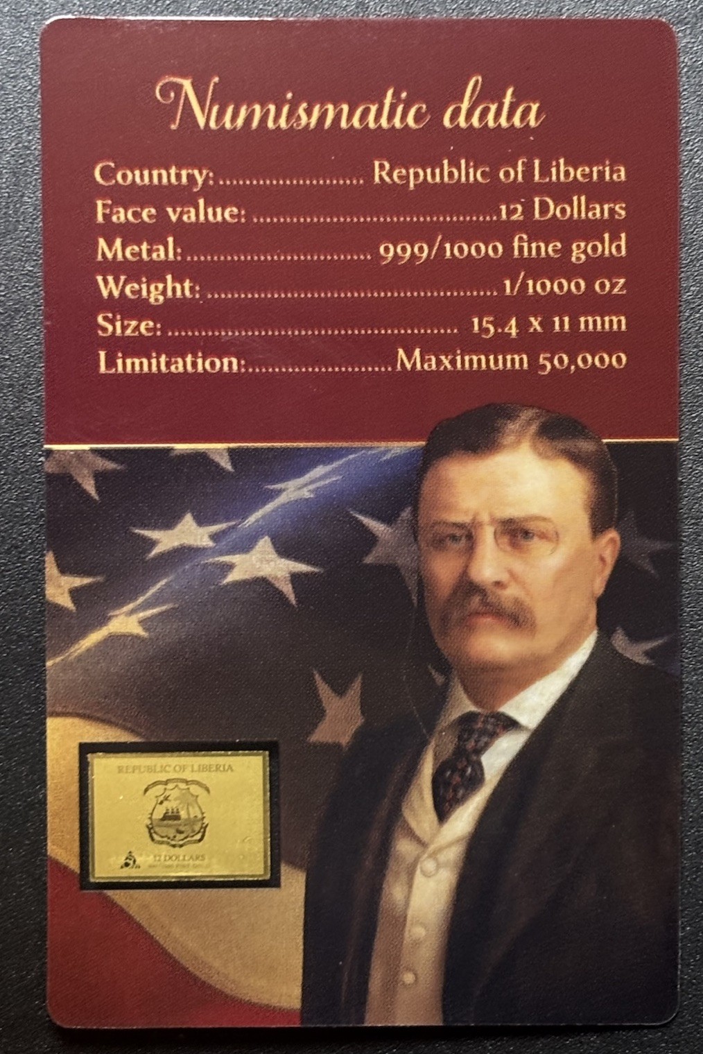 Theodor Roosevelt 1/1000 Oz Gold Coin $12 Liberia in Card 50,000 Mintage
