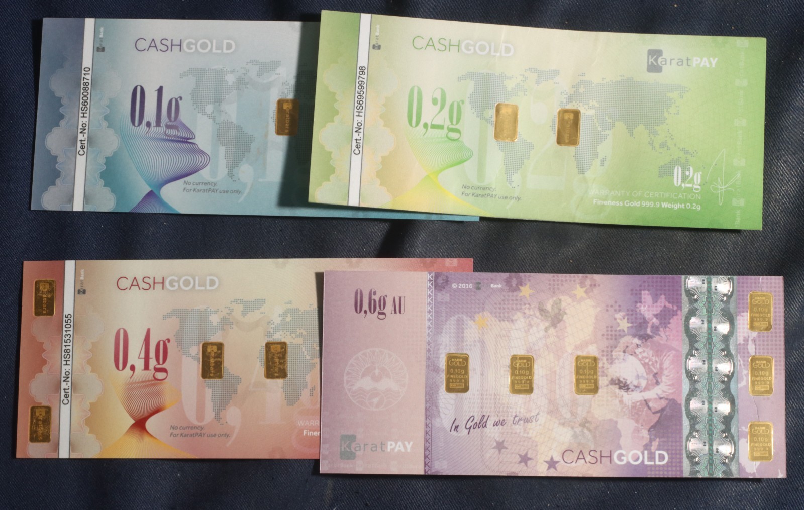 KARATBARS KARATPAY CASHGOLD .9999 FINE GOLD IN NOTES 1.3 GRAM (.1/.2/.4/.6)