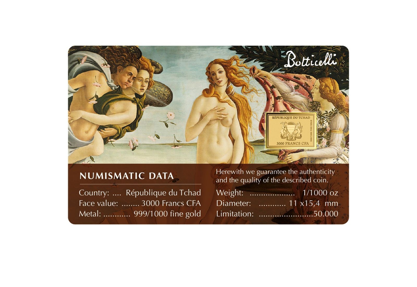 Chad BIRTH OF VENUS Botticelli 1/1000 Oz .999 Gold Coin in card 2023 50k Mintage