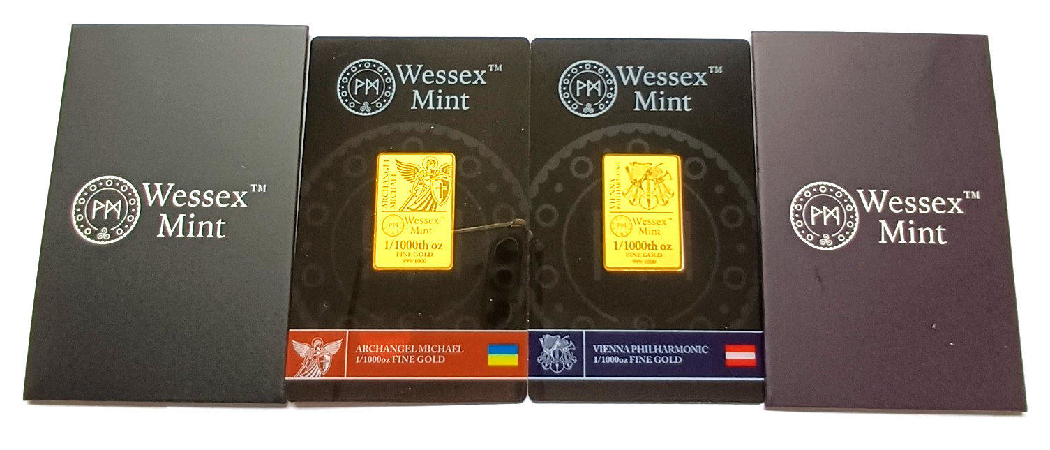 Wessex Mint 1/1000 oz Archangel & Vienna Gold Bars 999.9 Fine Gold in Sleeves