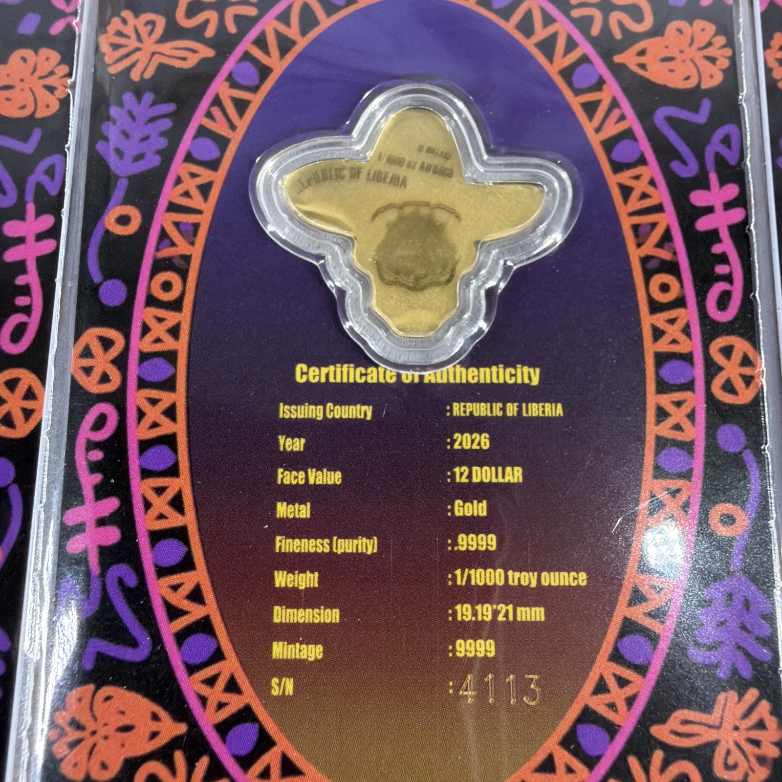2026 Liberia 1/1000th Gold Carded Dia De Los Muertos Special Shaped with Capsule