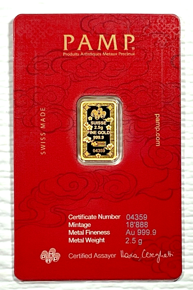 Pamp Suisse Lucky Cat 2.5 Gram .9999 Gold Bar – w/ Assay & Sleeve #4359/18888
