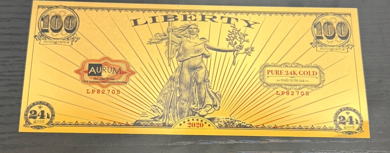 2020 Valaurum Aurum Liberty 100 Milligram 24k .999 Gold Note w/ Org Sleeve