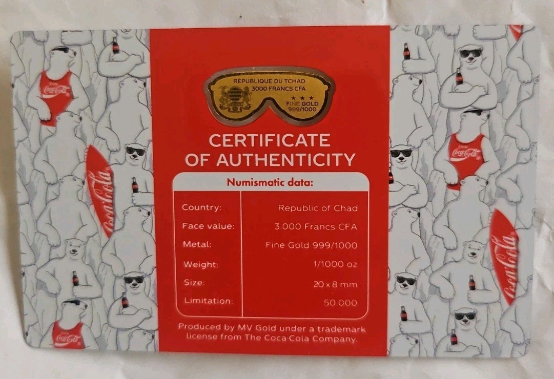 Polar Bear Sunglasses Coca-Cola 1/1000 Oz Gold REP OF CHAD
