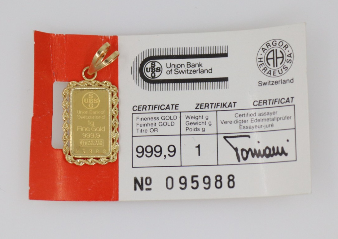 Union Bank of Switzerland 1g 999.9 Fine Gold #95988 Bar in 14k Pendant w/ COA
