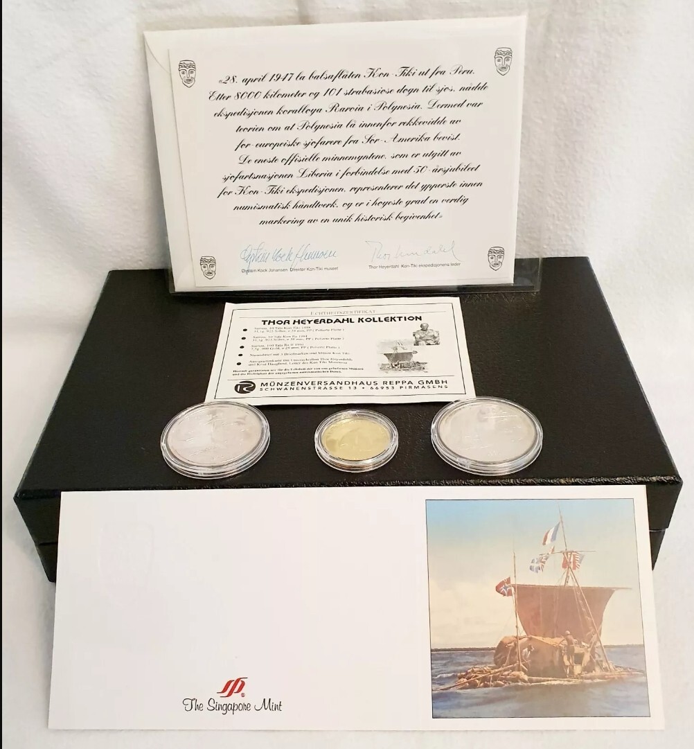 Thor Heyerdahl Autograph Gold 100 Tala Ra 2 and 2 silver Kon-Tiki and Ra 2 RARE!
