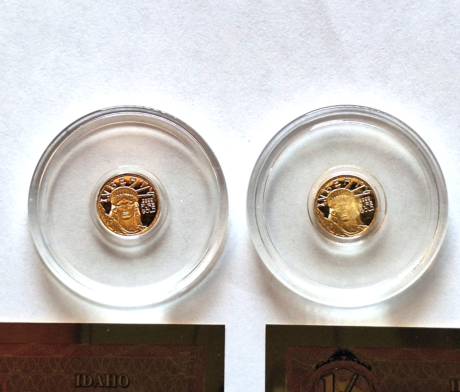 2x 24k Pure Gold Lady Liberty Coins .9999 Rounds + 2 FREE Idaho Goldbacks 24k