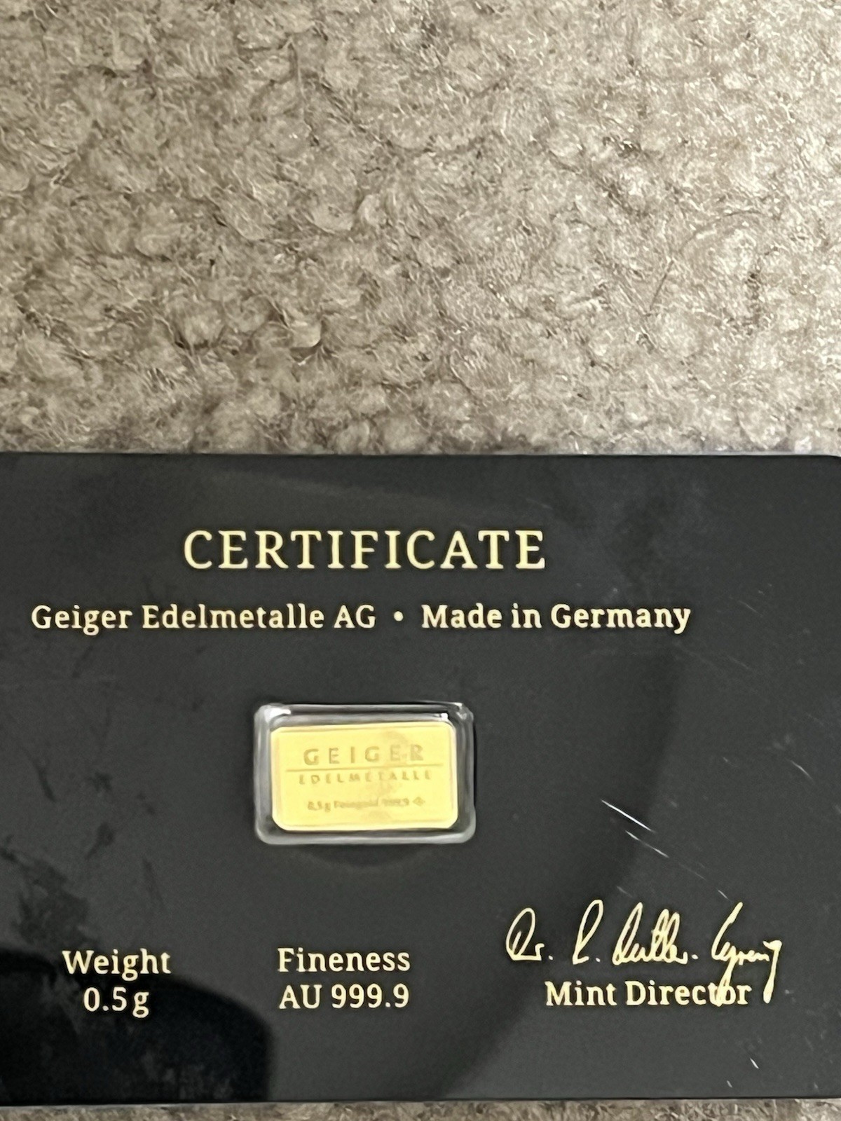 Geiger Edelmetalle AG 0.5g Gold Bar 999.9 Fine Assay Card Schloss Güldengossa
