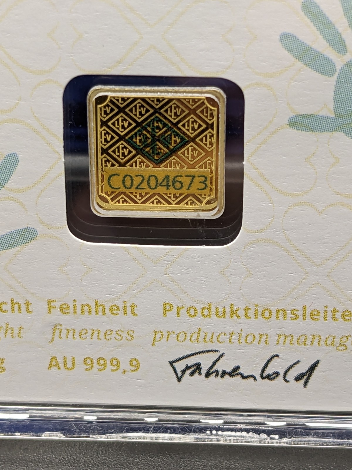 1 Gram 9999 Geiger Edelmetalle Baby Feet/Birth Square Gold Bar (New w/ Assay)