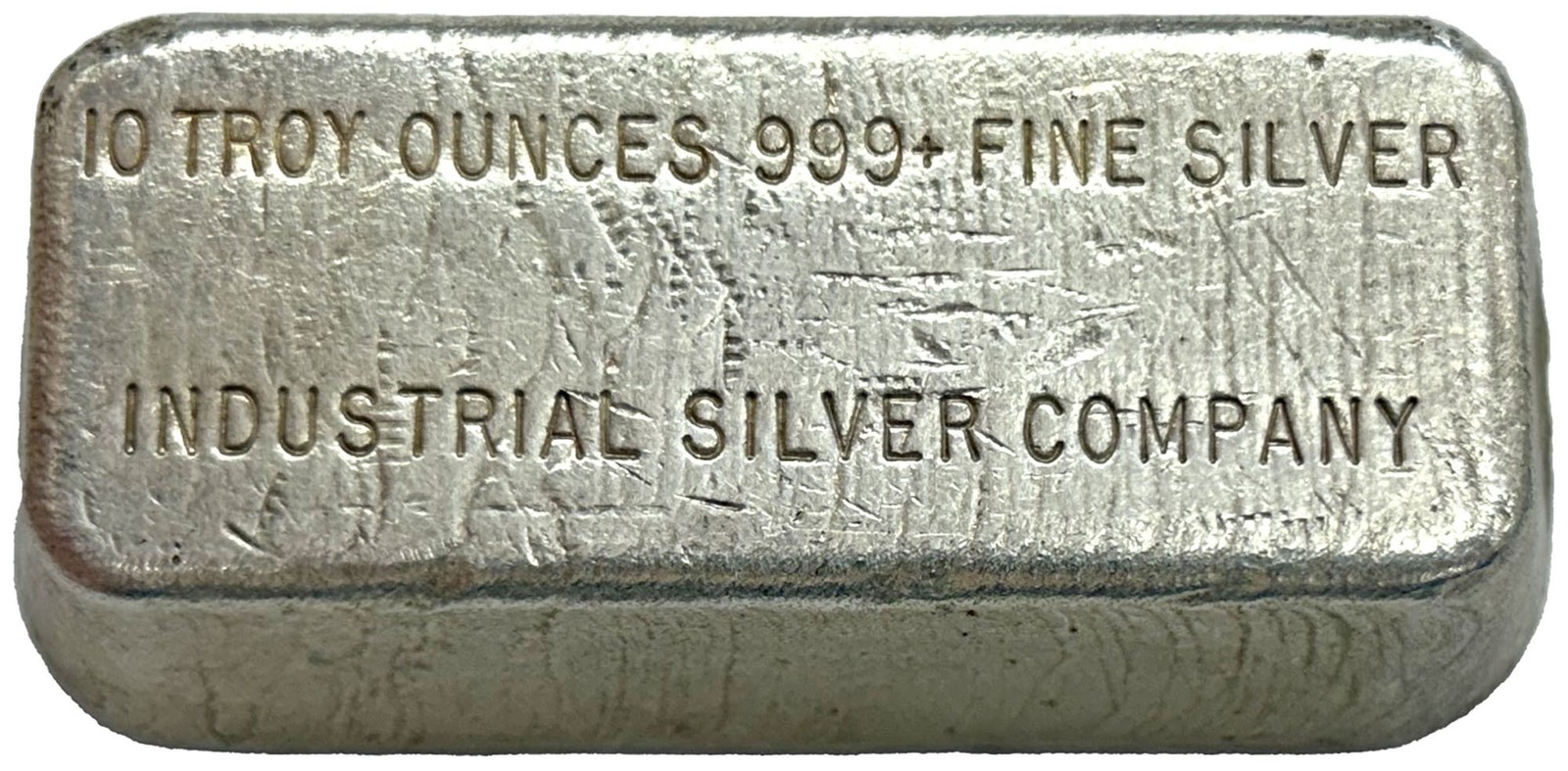 c. 1970’S INDUSTRIAL SILVER COMPANY 10 TROY OZ .999+ FINE POURED BAR / INGOT