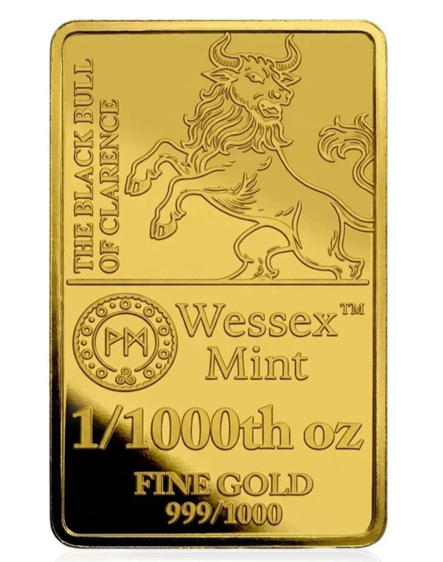 WESSEX MINT 1/1000th OZ 9999 FINE GOLD QUEENS BEAST THE BLACK BULL OF CLARENCE