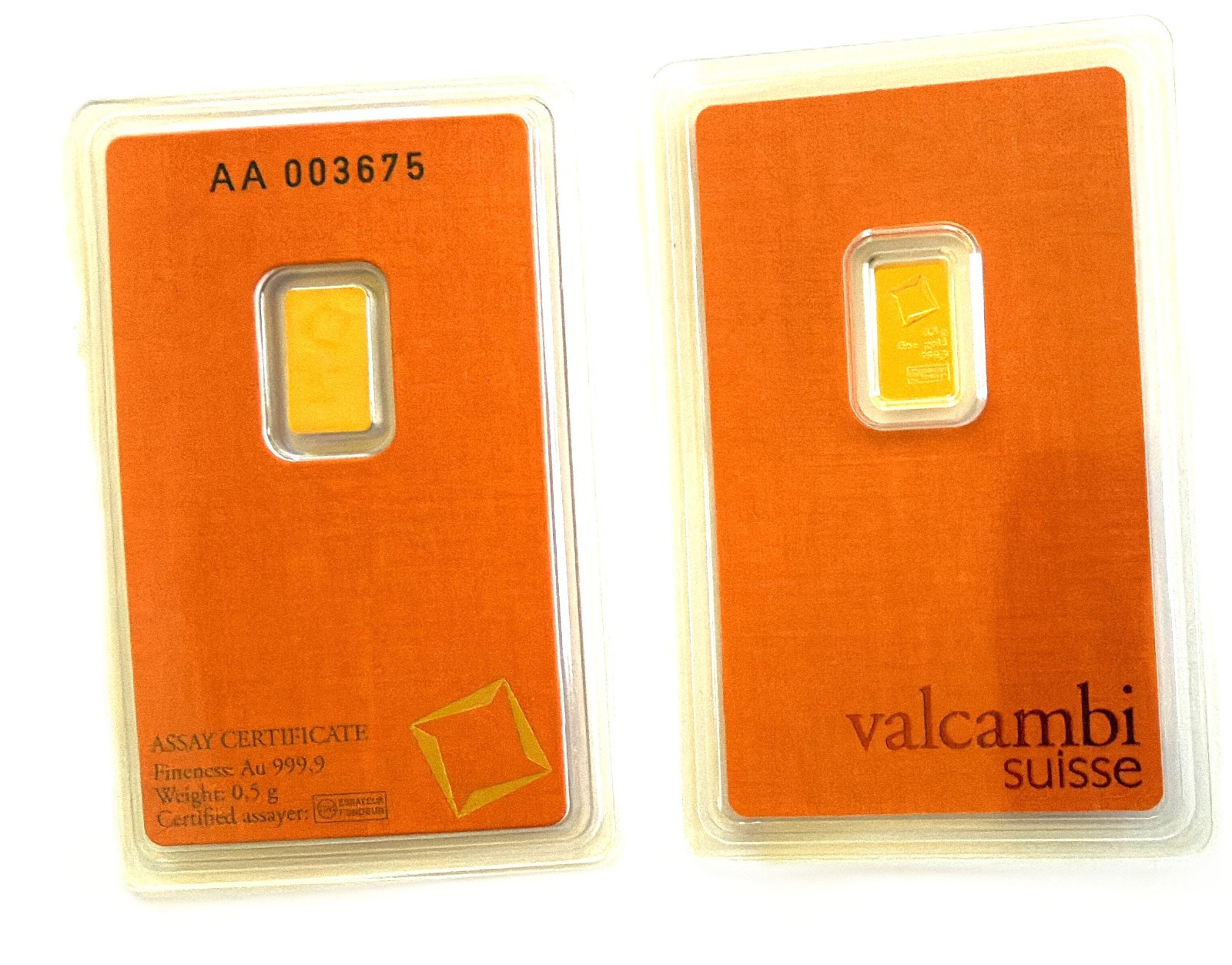 Valcambi 0.5g 999.9 Fine Gold Bar in Assay Card –