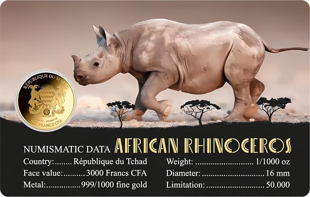 AFRICAN RHINOCEROS 1/1000 Oz Gold Coin 3000 Francs Chad 2024