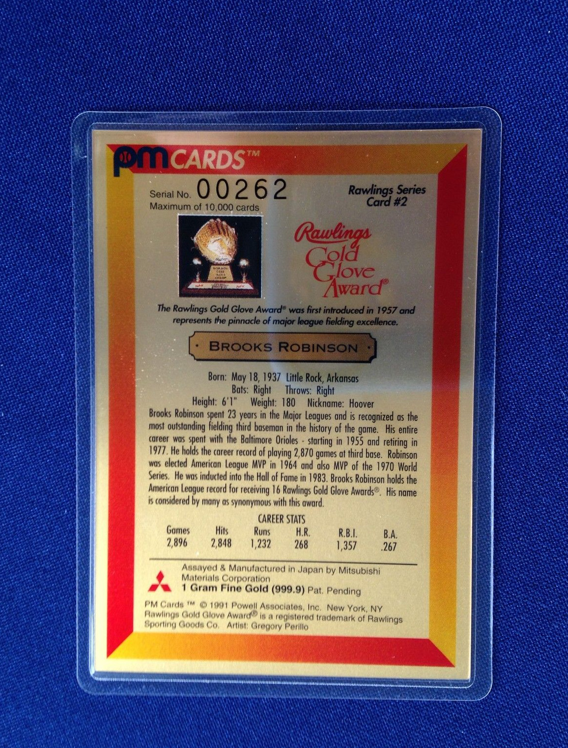 1992 Brooks Robinson PM Precious Metal Cards Mitsubishi Ser #0262 Gold E0902